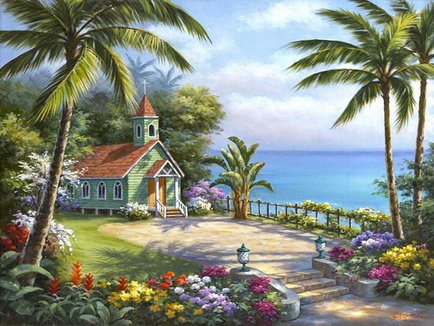Tropical paradise, Flowers, Painting, Plam trees, Sea, Art HD wallpaper