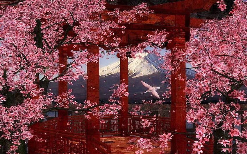 Японска цветна градина, стълбове, пролет, череша, цветове HD тапет