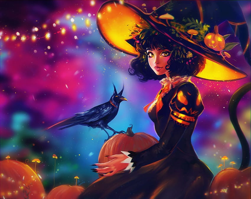 魔女、青、黒、ハロウィン、かぼちゃ、帽子、鳥、女の子、インディクリエイツ、オレンジ、カラス、ピンク、カラス、ファンタジー、黄、ルミノス、パサリ 高画質の壁紙