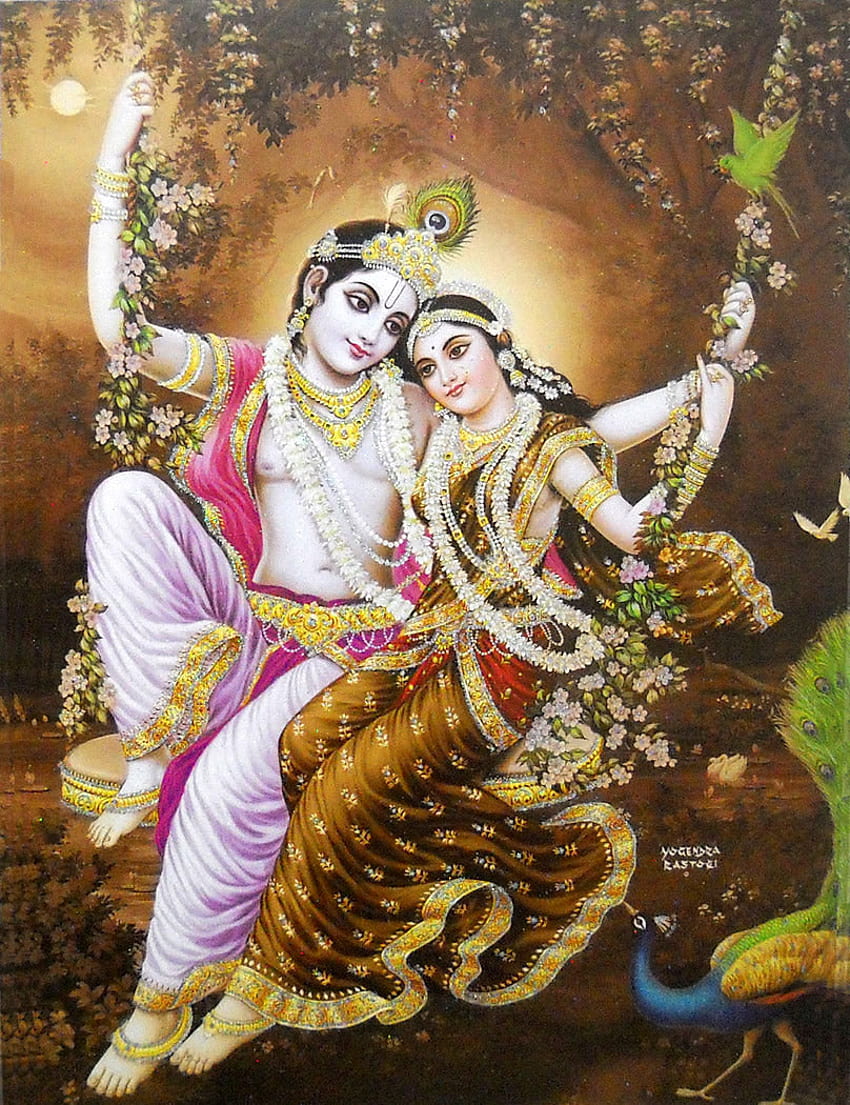 Radha Krishna on Swing/ Póster grande de dios hindú con efecto de purpurina -re – Artesanía de la India fondo de pantalla del teléfono
