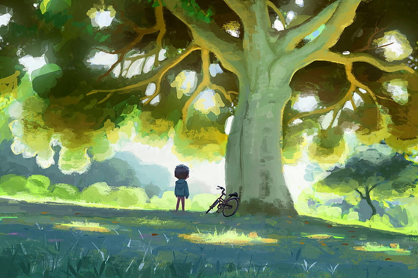 naturaleza, arte, madera, árbol, niño, bicicleta fondo de pantalla