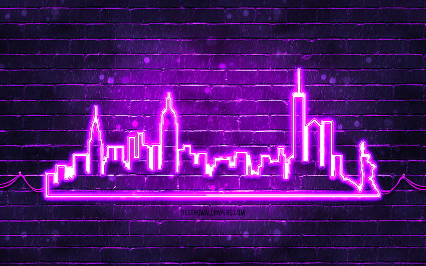 Nowy Jork fioletowy neon sylwetka, fioletowe neony, sylwetka panoramę Nowego Jorku, fioletowy mur, amerykańskie miasta, neonowe sylwetki na tle nieba, USA, sylwetka Nowego Jorku, Nowy Jork, NYC Tapeta HD