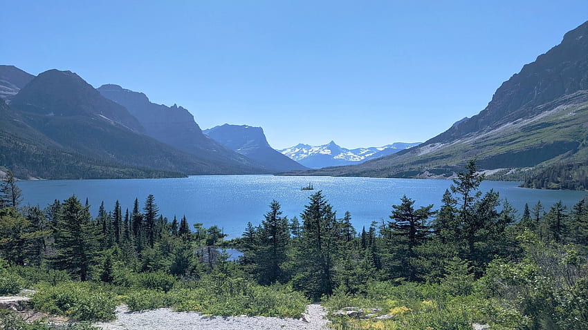 St. Mary Lake, Glacier National Park, Montana, landscape, trees, sky, mountains, usa HD wallpaper