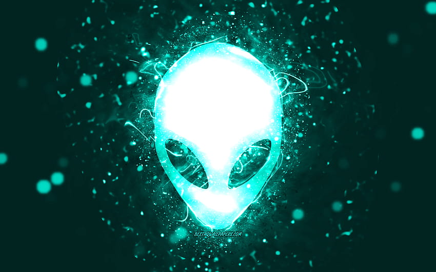Alienware тюркоазено лого, , тюркоазени неонови светлини, творчески, тюркоазен абстрактен фон, лого на Alienware, марки, Alienware HD тапет