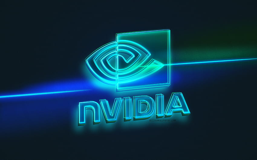 Лого на Nvidia, светло изкуство, емблема на Nvidia, фон със синя светла линия, неоново лого на Nvidia, творческо изкуство, Nvidia HD тапет