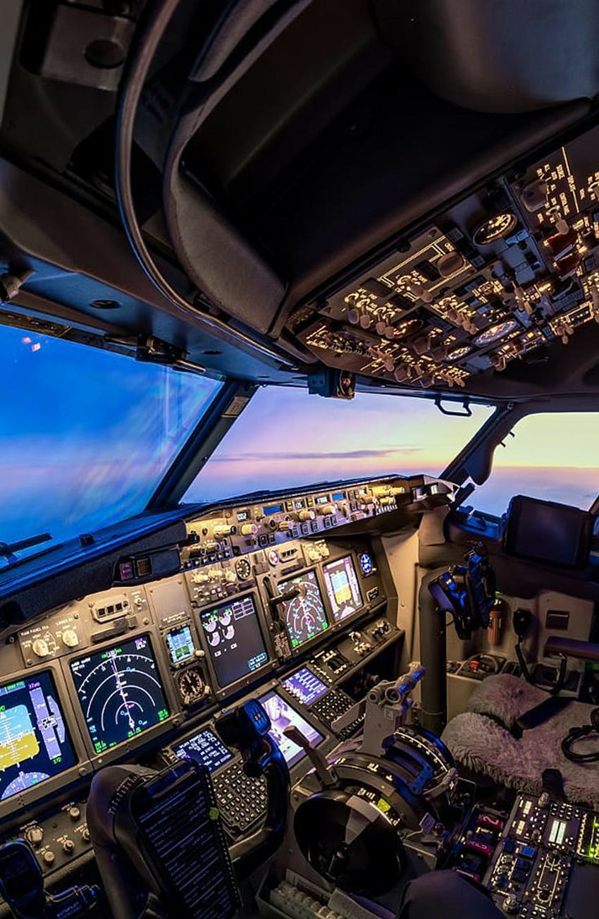 Изглед от пилотската кабина. Самолет, графика на самолет, пилот на самолет, пилотска кабина на Боинг 747 HD тапет за телефон