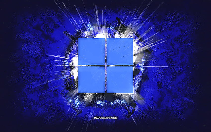 Logo Windows 11, seni grunge, Windows, latar belakang batu biru, logo biru Windows 11, Windows 11, seni kreatif, logo Windows 11 grunge, logo Windows Wallpaper HD