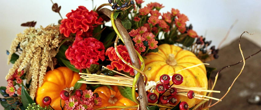 Kürbisse und Korb, Kürbisse und Blumen HD-Hintergrundbild