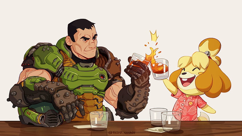 Happy 20th to Animal Crossing & Doom! by third_cookie. Doomguy and Isabelle HD wallpaper