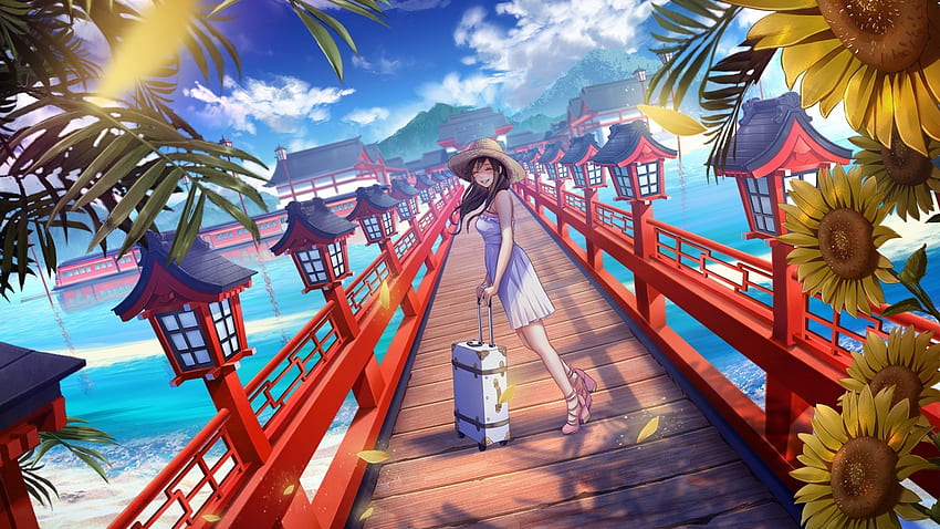Anime Girl, Summer, Bridge, Japan Traditional Buildings - Anime Summer HD wallpaper