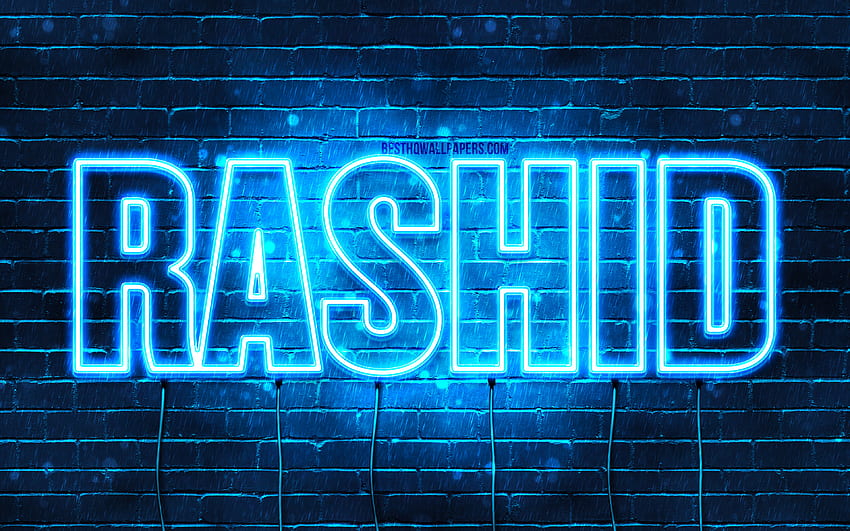 Rashid, com nomes, nome Rashid, luzes neon azuis, Happy Birtay Rashid, nomes masculinos árabes populares, com nome Rashid papel de parede HD