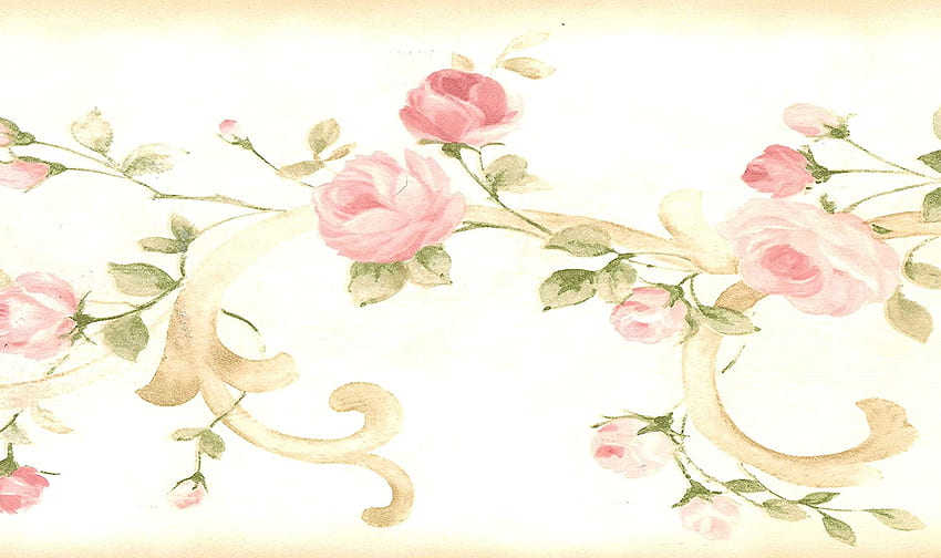 Dundee Deco BD6264 Borde prepegado - Beige floral, rosa, rosas verdes florecientes en borde de pared de desplazamiento de damasco Diseño retro, 15 pies x 6 pulgadas (4,57 m x 15,24 cm), beige pastel fondo de pantalla