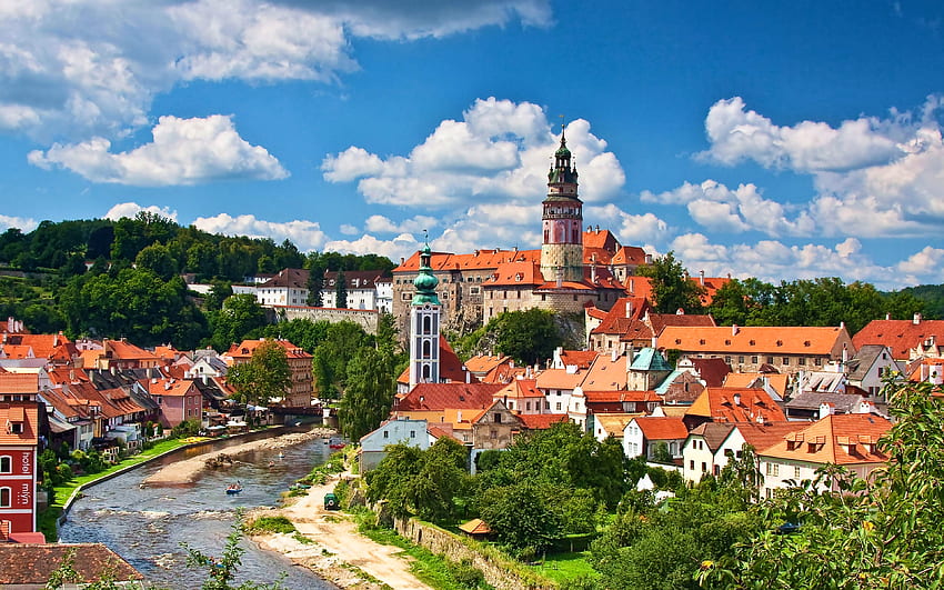 Le Château de Prague, , la rivière Vltava, l'été, les monuments tchèques, Hradcany, Prague, République Tchèque, Europe Fond d'écran HD