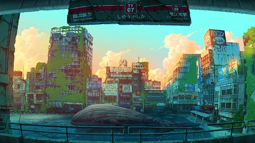 ポスト黙示録的なアニメの風景、コケ、廃墟、破壊、放棄された都市 For U TV Maiden 高画質の壁紙