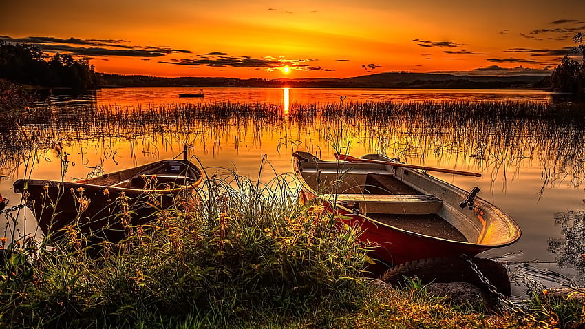 River sunset, river, boats, reflectioin, beautiful, orange, lake, sunset, fiery, sky HD wallpaper