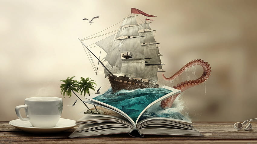 Book, sailing ship, boat, fantasy, hop art HD wallpaper