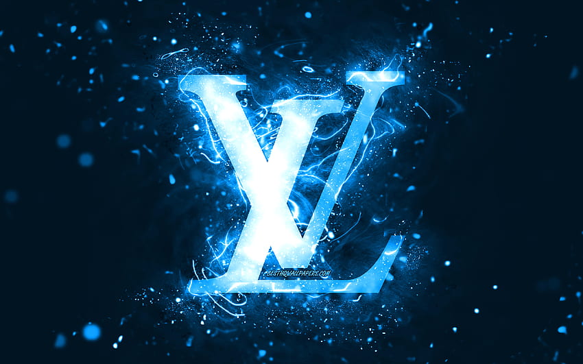 Louis Vuitton blue logo, , blue neon lights, creative, blue abstract background, Louis Vuitton logo, fashion brands, Louis Vuitton HD wallpaper