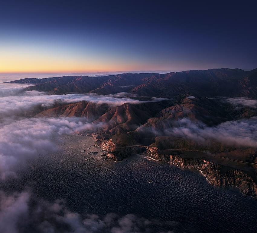 Pasmo górskie, linia brzegowa, widok z lotu ptaka, Big Sur Tapeta HD