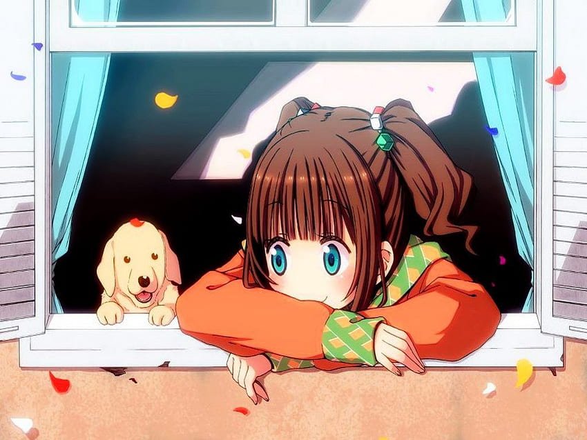 Sayaka And Miko, dog, blue eyes, room, window, cute, girl, long hair, sayaka, anime, miko, brown hair, friends HD wallpaper