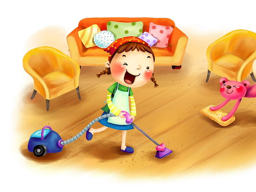 girl, child, vacuum cleaner, cleaning HD wallpaper