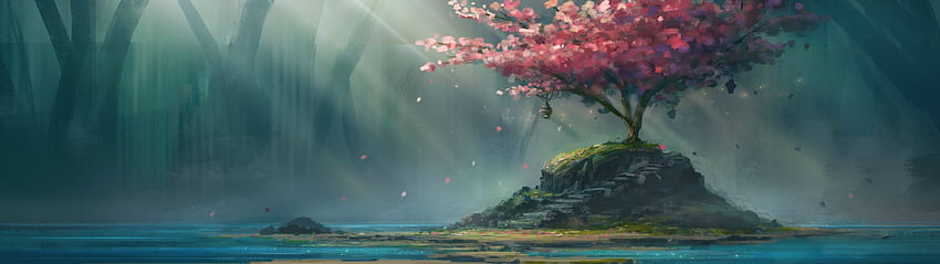 Fantasy Landscape, Cherry Tree, Sunlight, Scenic, Forest, 3840x1080 Fantasy HD wallpaper