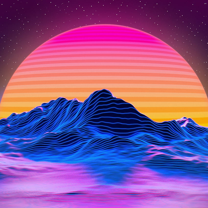 Berge, RetroWave-Kunst, Landschaft, Neon, Natur, digitaler Sonnenuntergang HD-Handy-Hintergrundbild