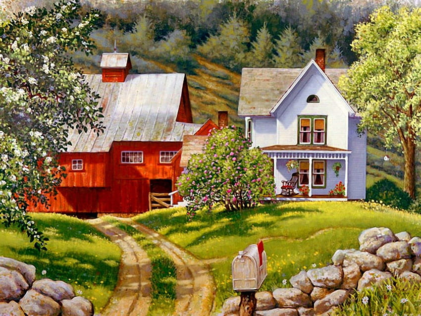 Valley Homestead, peaceful, spring, rustic, serenity, nice, homestead, quiet, rural, painting, blossoms, trees, art, slope, path, house, garden, beautiful, grass, stones, mountain, pretty, freshness, valley, blooming, nature, cottage, lovely, calmness, village, countryside, home HD wallpaper