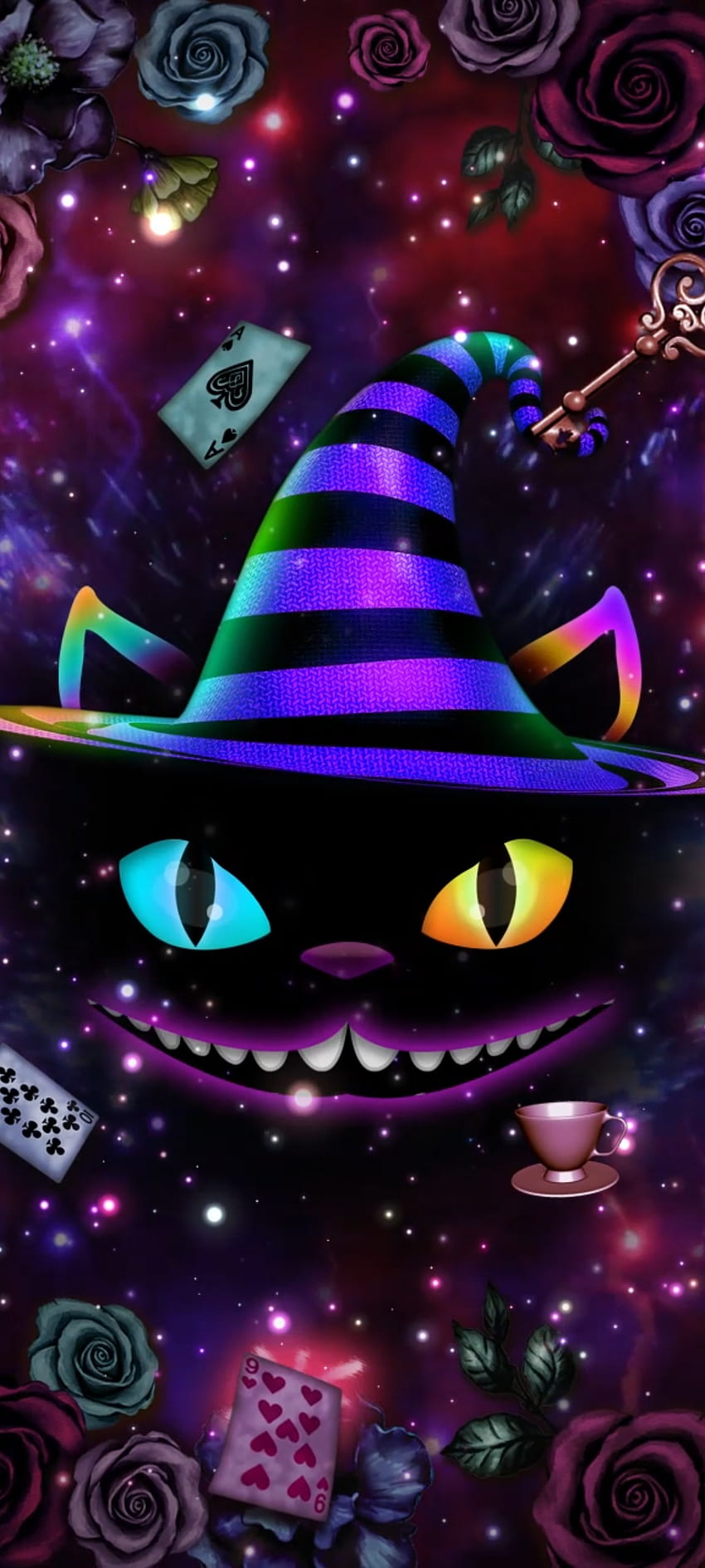 Fantasy Cheshire Cat, hermoso, azul eléctrico, magenta, Lujo, Sombrero, Premium fondo de pantalla del teléfono