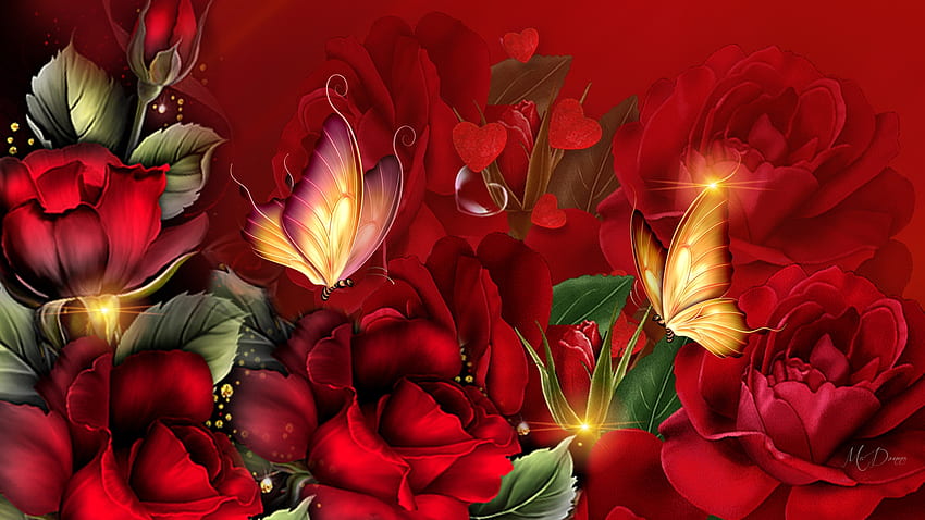 赤いバラと金の蝶、星、Firefox のテーマ、蝶、バレンタインデー、光、赤、ハート、赤いバラ、花 高画質の壁紙