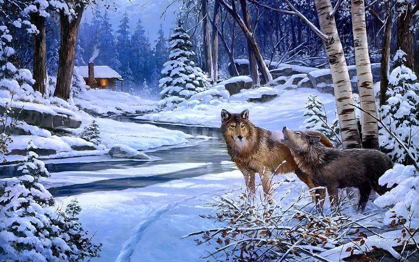 wolves wolf art paintings landscapes winter snow rivers cabin houses [] for your , Mobile & Tablet. Explore Wolf Christmas . Wolf , Wolf HD wallpaper