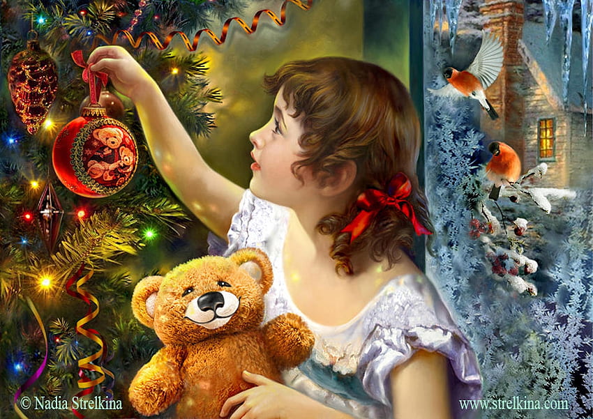 Trimming The Tree, Christmas, Teddy, tree, decoratins HD wallpaper