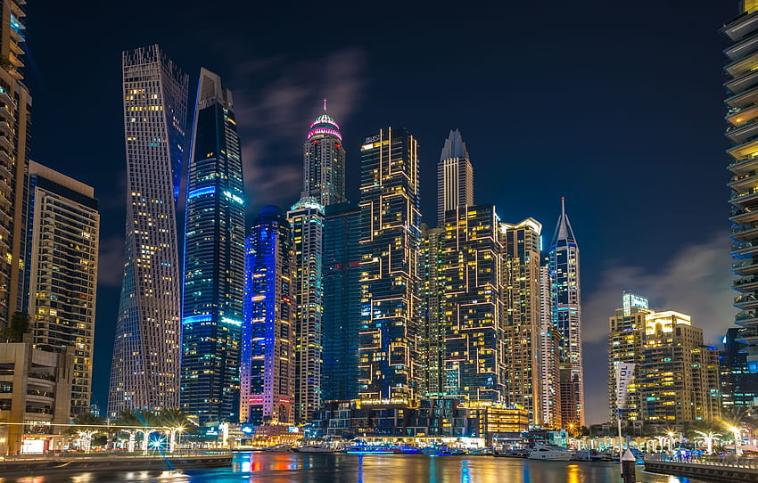 bangunan, rumah, Dubai, kota malam, Dubai, gedung pencakar langit, pelabuhan, UEA, UEA, Dubai Marina, Dubai Marina untuk , bagian город - Wallpaper HD
