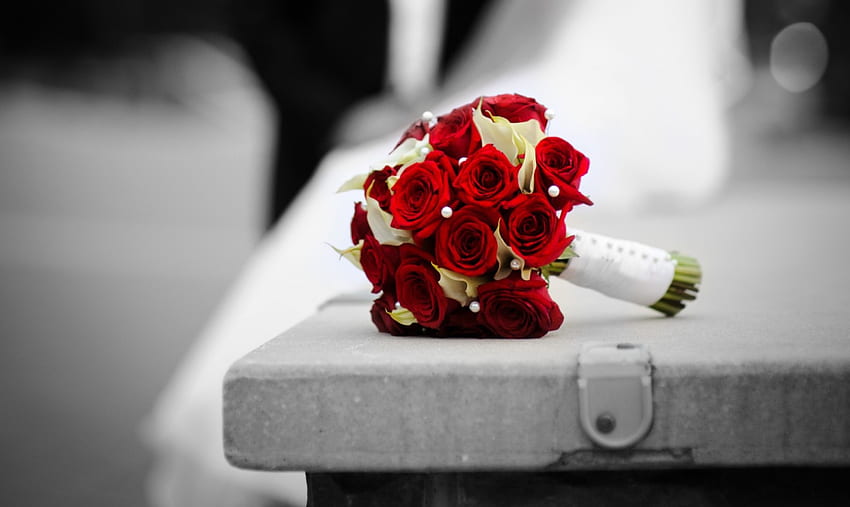 With Love, bouquet, roses, beautiful, rose, wedding, love, red roses, flowers, bride HD wallpaper
