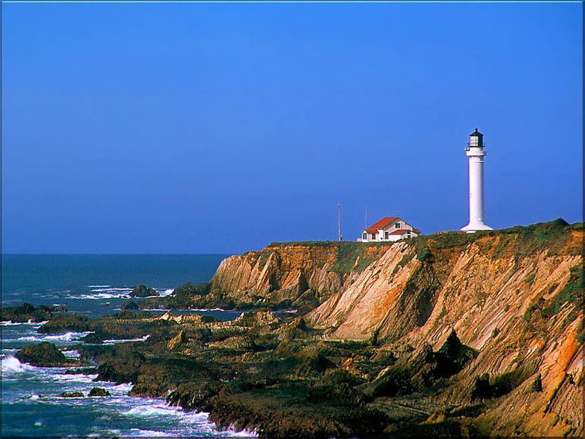 rugged coast, lighthouse, rough sea HD wallpaper