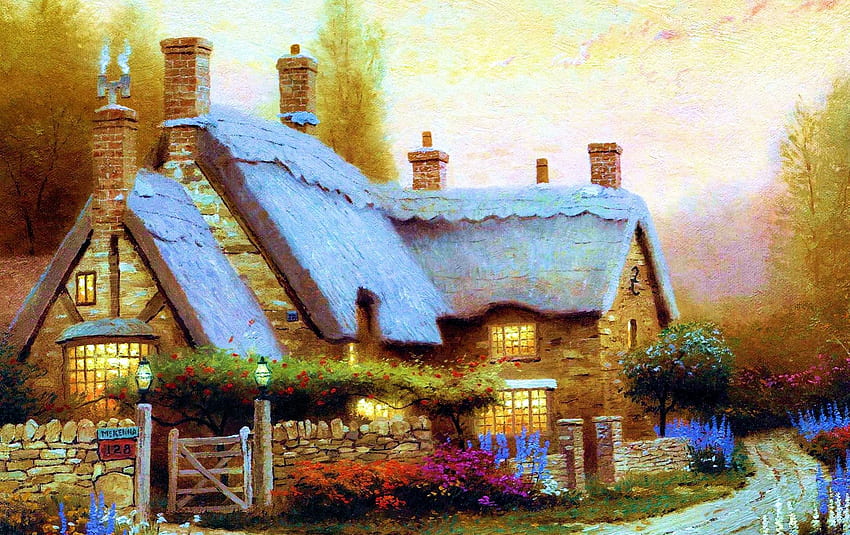 McKenna's Cottage, pittura, percorso, casa, recinto, fiori Sfondo HD