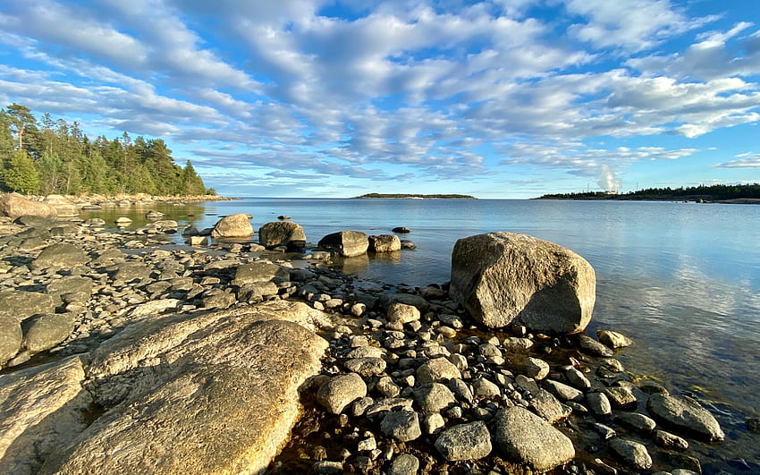 Rocky Beach in Sweden, sea, Sweden, rocks, beach, clouds HD wallpaper