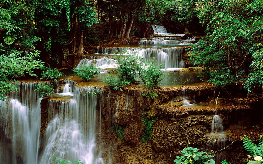 Kaskadierender Wasserfall, Natur, Kaskadierung, Wald, Grafik, Wasserfall HD-Hintergrundbild