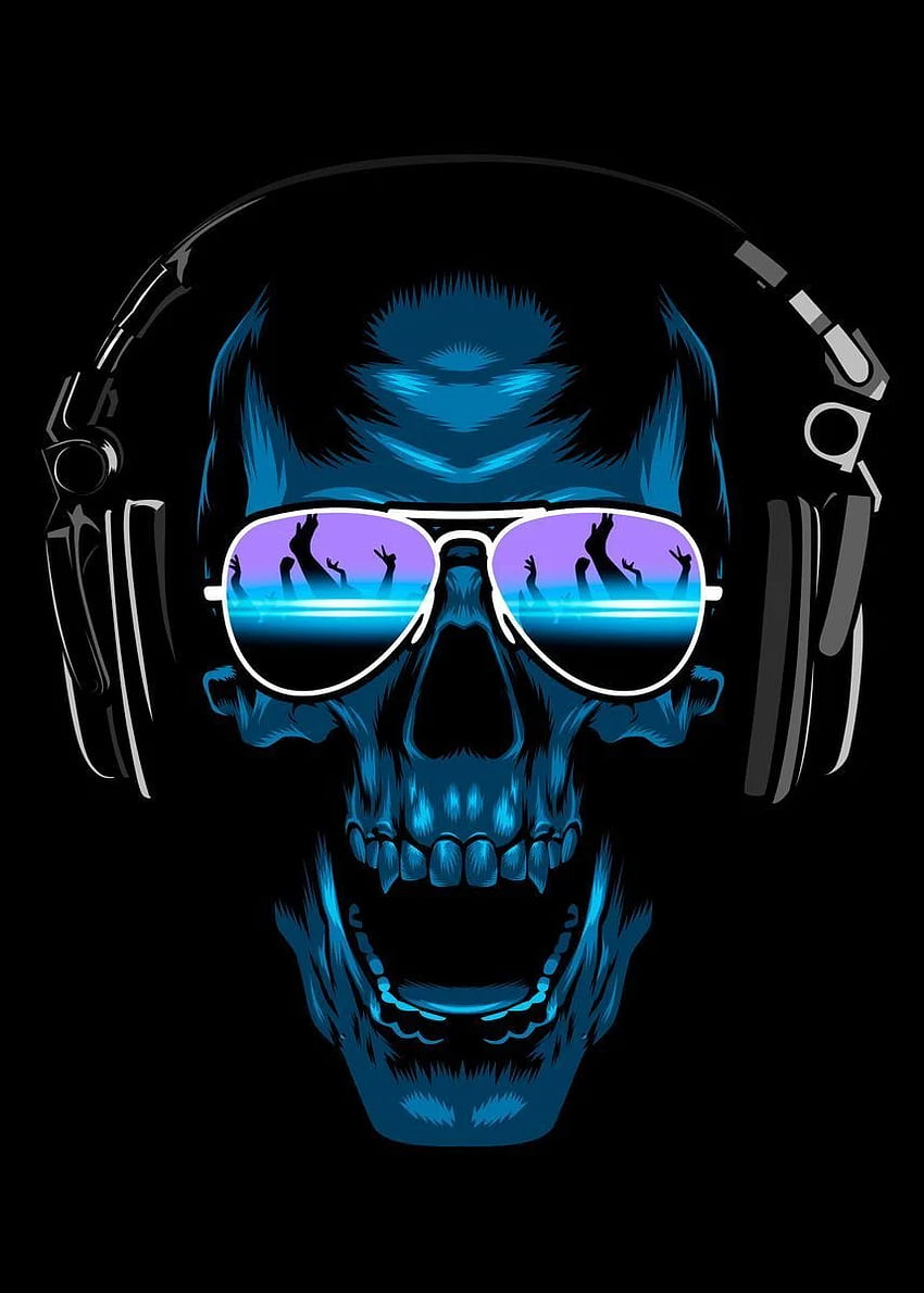 Plakat DJ Skull. druk artystyczny autorstwa Alberto Pereza. Rozłożyć. Czarne czaszki, czaszka, druk artystyczny czaszki Tapeta na telefon HD
