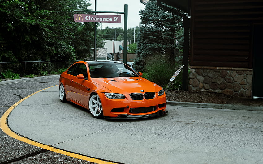 BMW M3, E92, front view, orange coupe, tuning BMW M3 E92, orange BMW E92,  German cars, BMW HD wallpaper