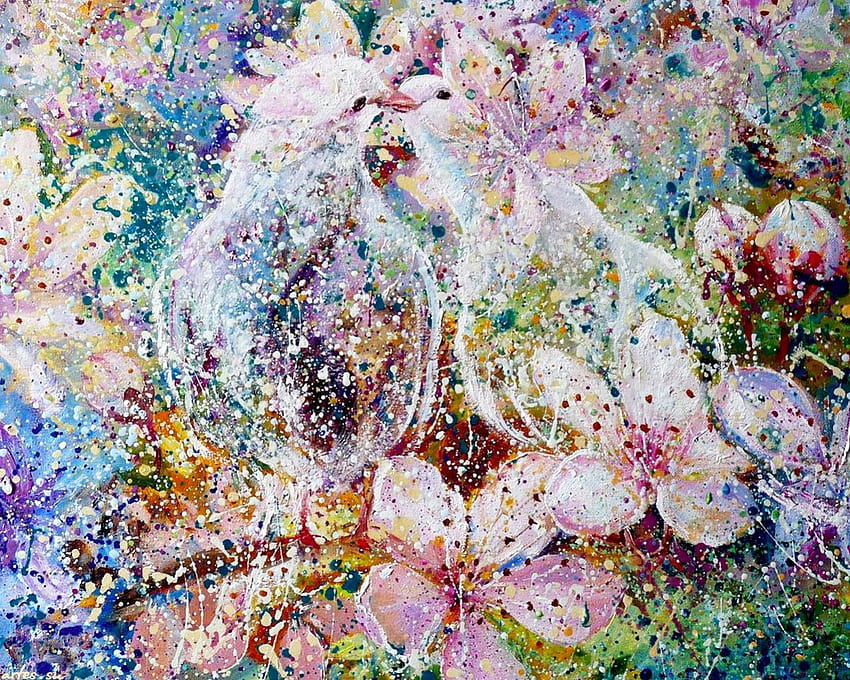Пролетна любов от Ирина Соучелницки, синьо, Ирина Соучелницки, бяло, гълъб, птица, изкуство, пролет, розово, , цвете, любов, зелено HD тапет