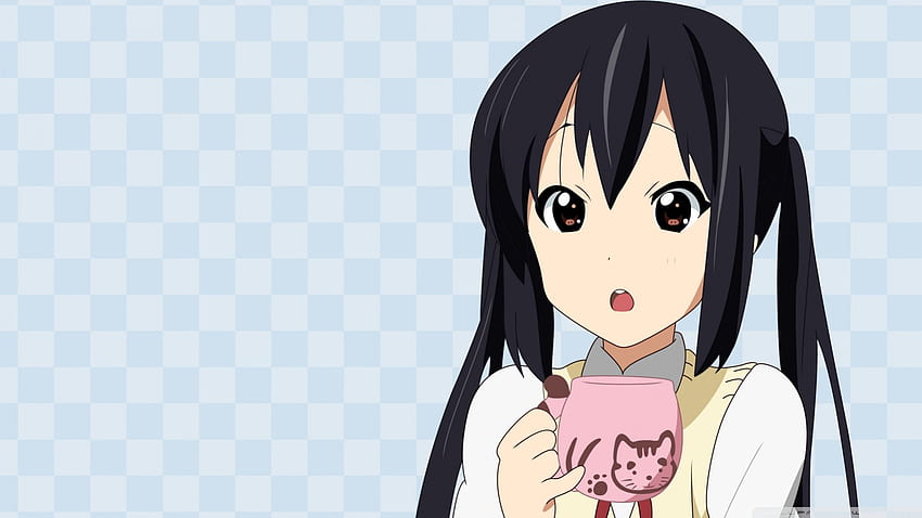 Mio, surpised, uniform, cute, black hair, cup, coffe, k-on HD wallpaper