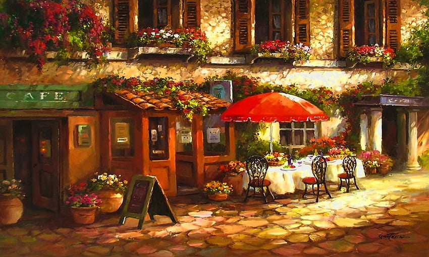 Street cafe, morning, art, nice, restaurant, cafe, painting, pretty, street, coffee, flowers, pleasant, ebautiful, lovely, countryside HD wallpaper