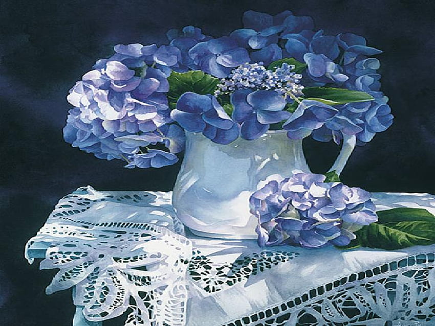 Hydrangea Melody, azul, mesa, hortensias, jarra, mantel fondo de pantalla