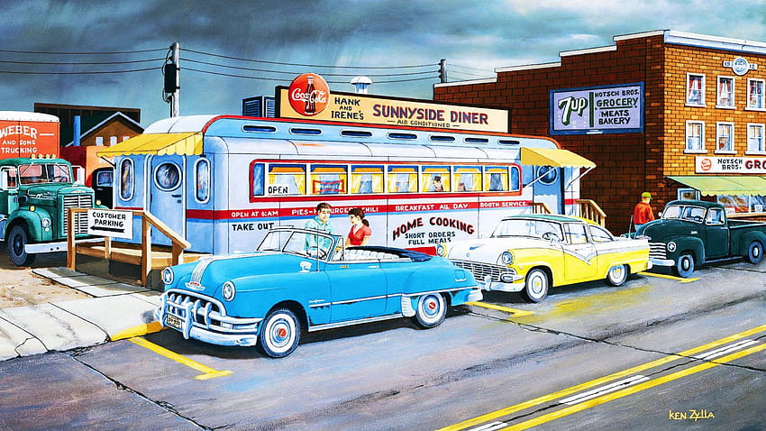 Cars People Street Diner Retro PC and Mac HD wallpaper