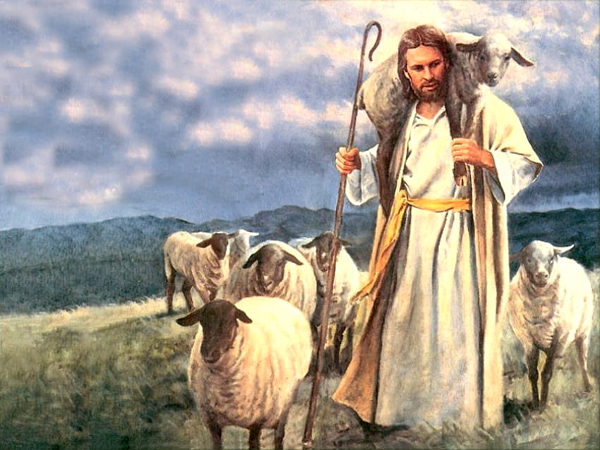 Добрият пастир, от Дел Парсън, бог, изкуство, Исус, Христос, трева, пастир, религия, дел Парсън, християнство, , поле, агне, облак HD тапет