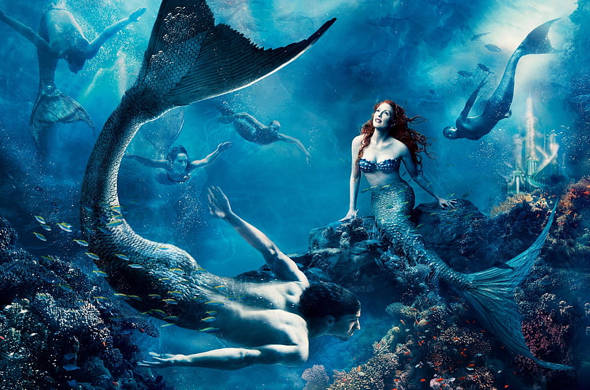 Julianne Moore as Ariel by Annie Leibovitz, blue, julianne moore, mermaid, annie leibovitz, little mermaid, girl, actress, summer, fantasy, couple, cosplay, underwater, water, siren, vara HD wallpaper