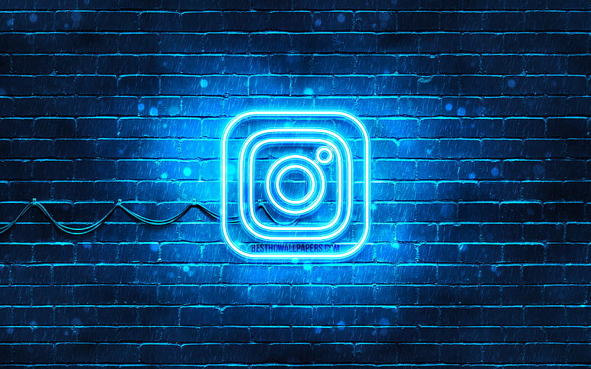 Logotipo azul de Instagram, pared de ladrillo azul, nuevo logotipo de Instagram, redes sociales, logotipo de neón de Instagram, logotipo de Instagram, Instagram fondo de pantalla