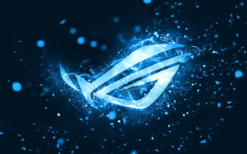 Rog blue logo, , blue neon lights, Republic Of Gamers, creative, blue abstract background, Rog logo, Republic Of Gamers logo, Rog HD wallpaper