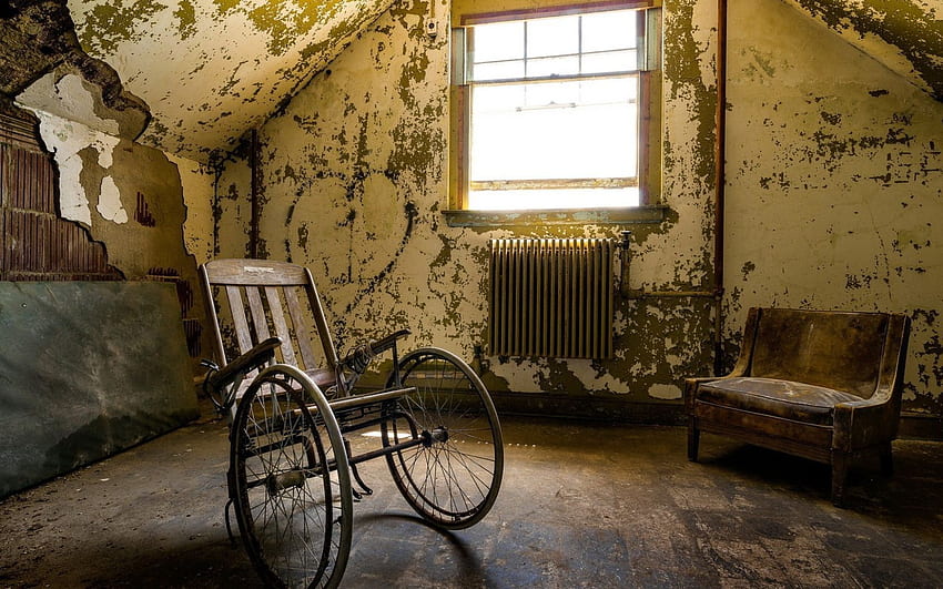 Empty wheelchair in an abandoned house HD wallpaper