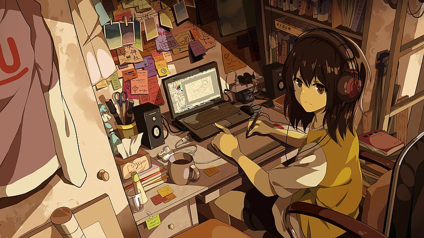 Personaje de anime femenino sentado en una silla cerca de la computadora portátil. Computadora , Computadora , anime , Chica con laptop fondo de pantalla